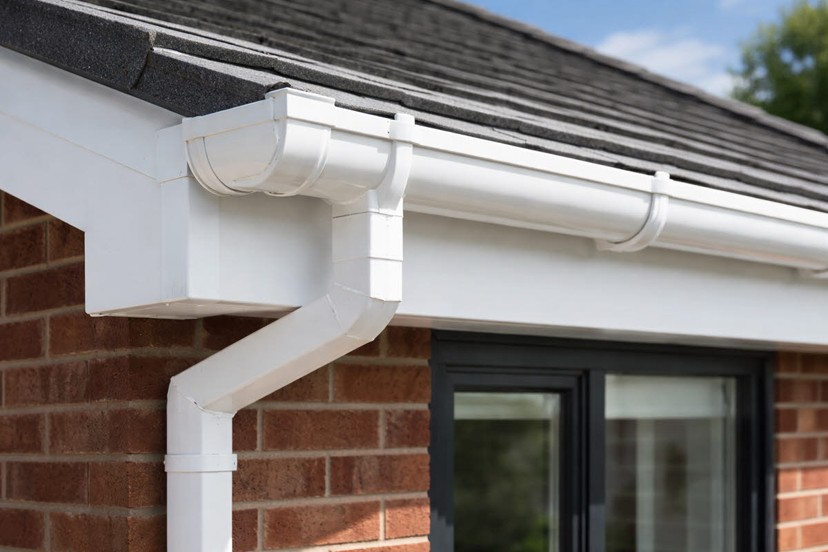 white pvc gutter installation on home with dark window frames
